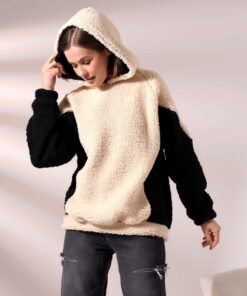 Kadın Polar Peluş Bej Siyah Bloklu Kapşonlu Sweatshirt - Bej - Siyah