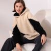 Kadın Polar Peluş Bej Siyah Bloklu Kapşonlu Sweatshirt - Bej - Siyah - Görsel 2