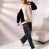 Kadın Polar Peluş Bej Siyah Bloklu Kapşonlu Sweatshirt - Bej - Siyah - Görsel 3