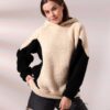 Kadın Polar Peluş Bej Siyah Bloklu Kapşonlu Sweatshirt - Bej - Siyah - Görsel 4