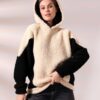 Kadın Polar Peluş Bej Siyah Bloklu Kapşonlu Sweatshirt - Bej - Siyah - Görsel 5