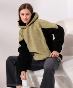 Kadın Polar Peluş Bej Siyah Bloklu Kapşonlu Sweatshirt - Haki-Gri