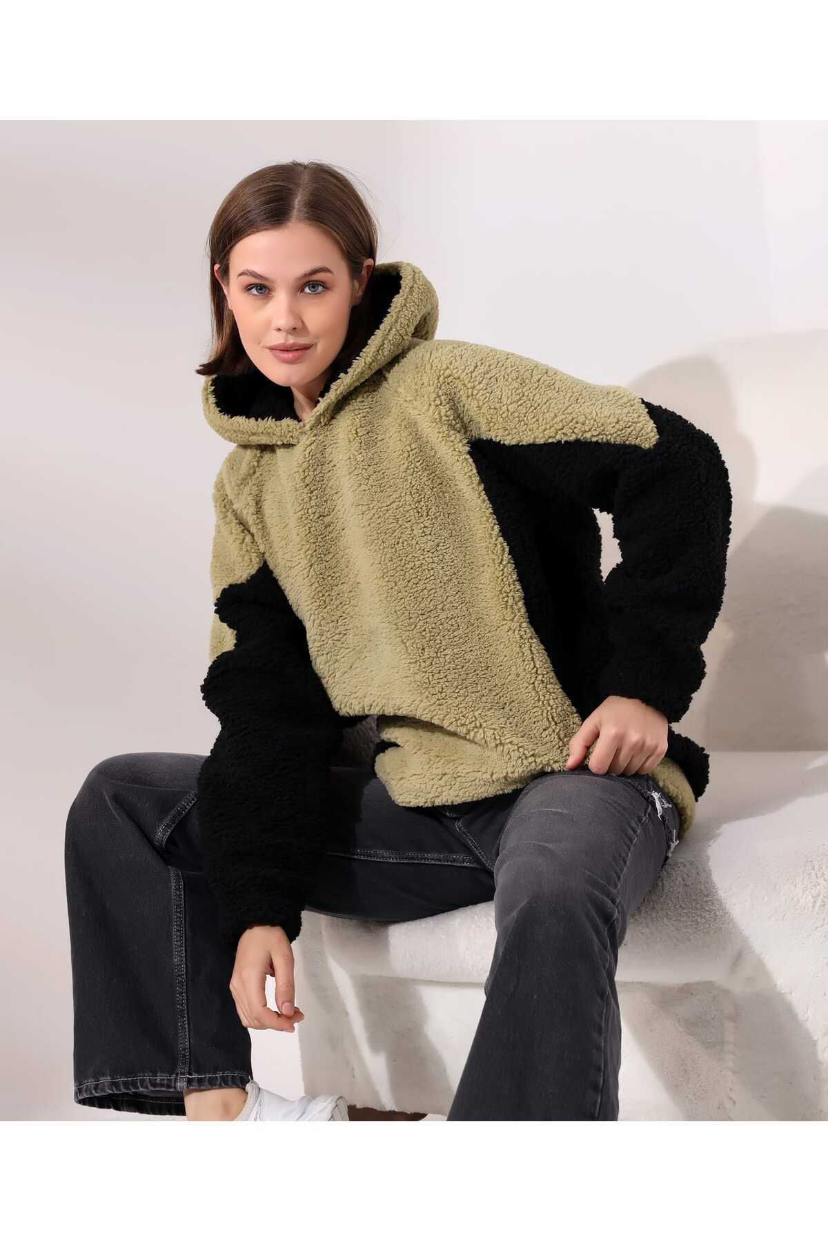 Kadın Polar Peluş Bej Siyah Bloklu Kapşonlu Sweatshirt - Haki-Gri