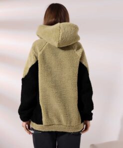 Alternative view of Kadın Polar Peluş Bej Siyah Bloklu Kapşonlu Sweatshirt - Haki-Gri