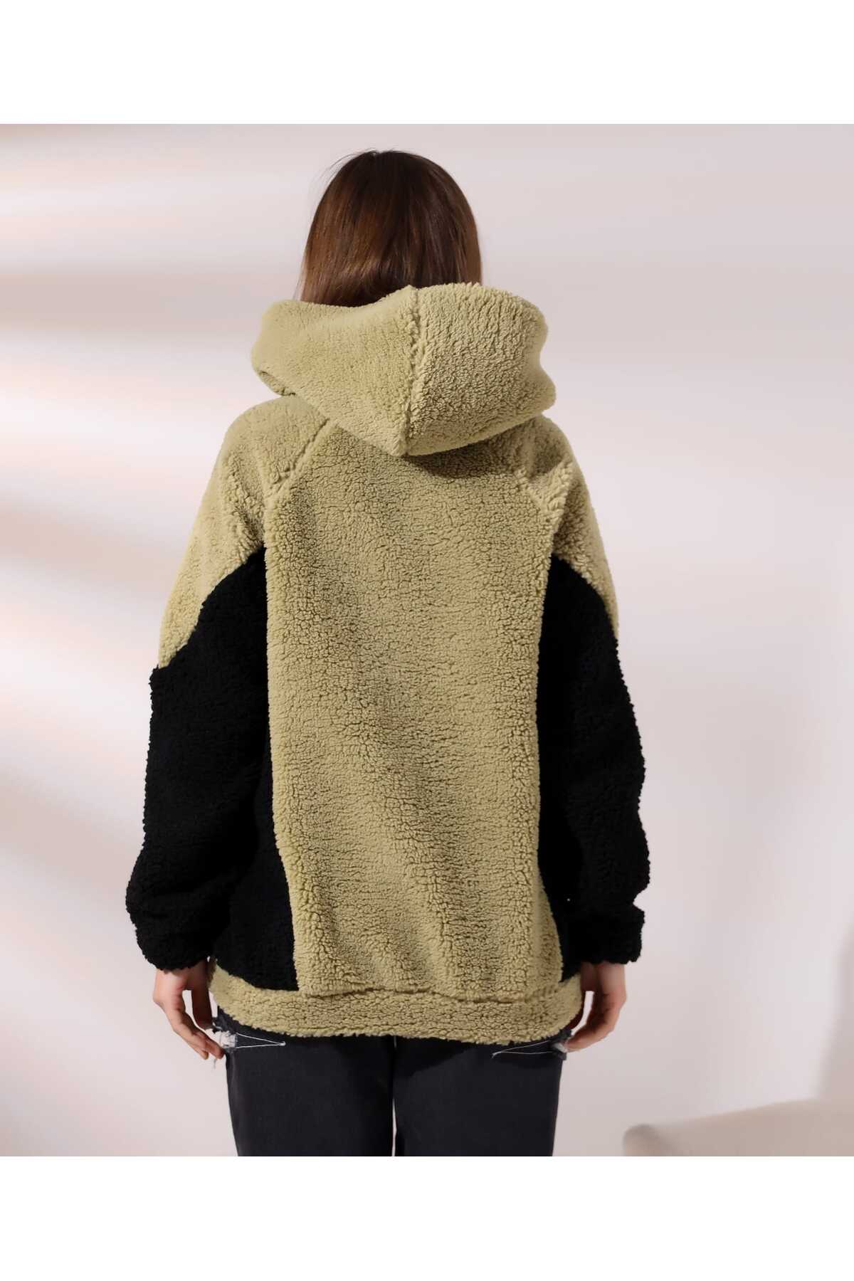 Kadın Polar Peluş Bej Siyah Bloklu Kapşonlu Sweatshirt - Haki-Gri - Görsel 2