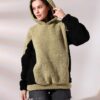 Kadın Polar Peluş Bej Siyah Bloklu Kapşonlu Sweatshirt - Haki-Gri - Görsel 3