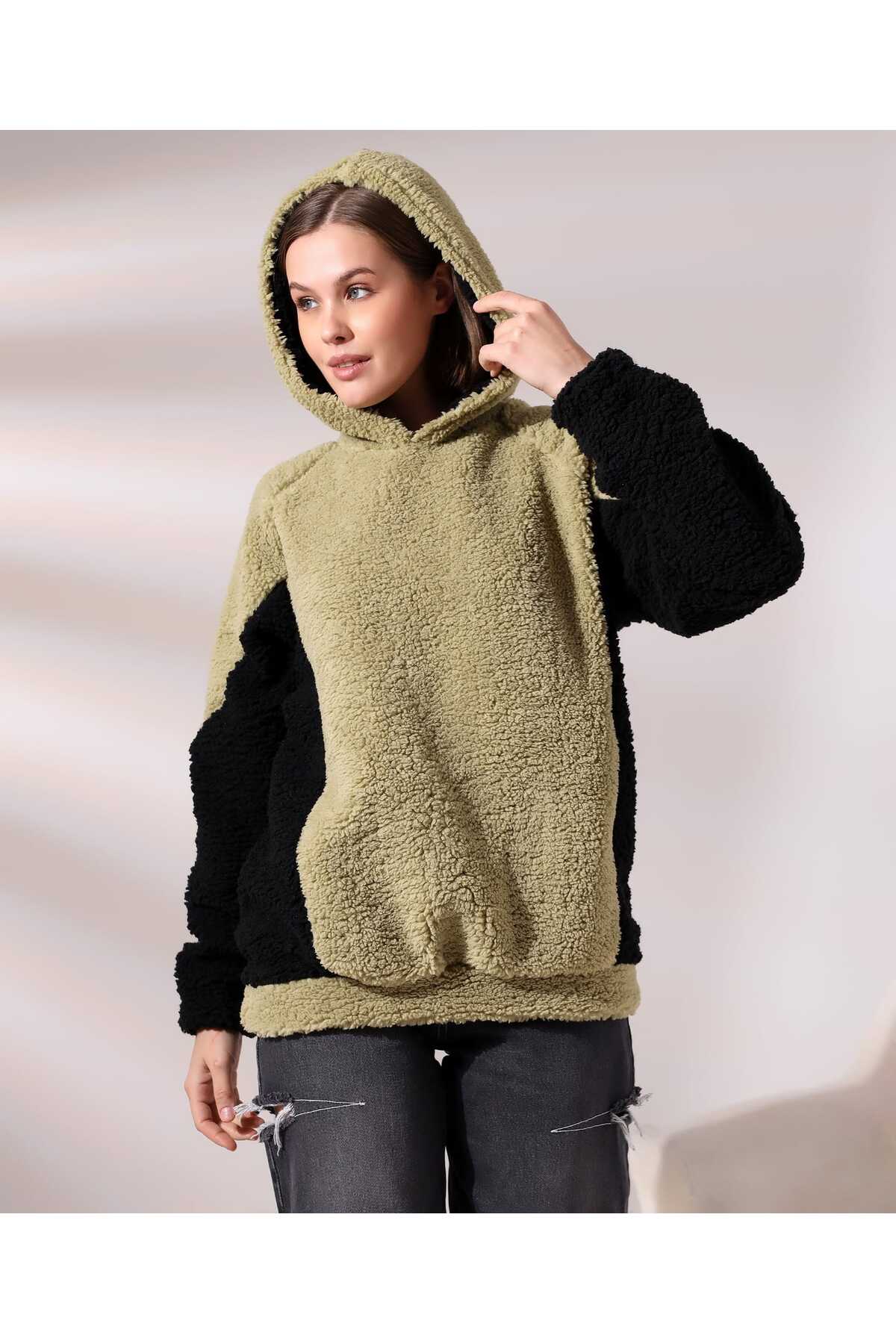 Kadın Polar Peluş Bej Siyah Bloklu Kapşonlu Sweatshirt - Haki-Gri - Görsel 3