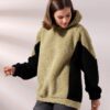 Kadın Polar Peluş Bej Siyah Bloklu Kapşonlu Sweatshirt - Haki-Gri - Görsel 4