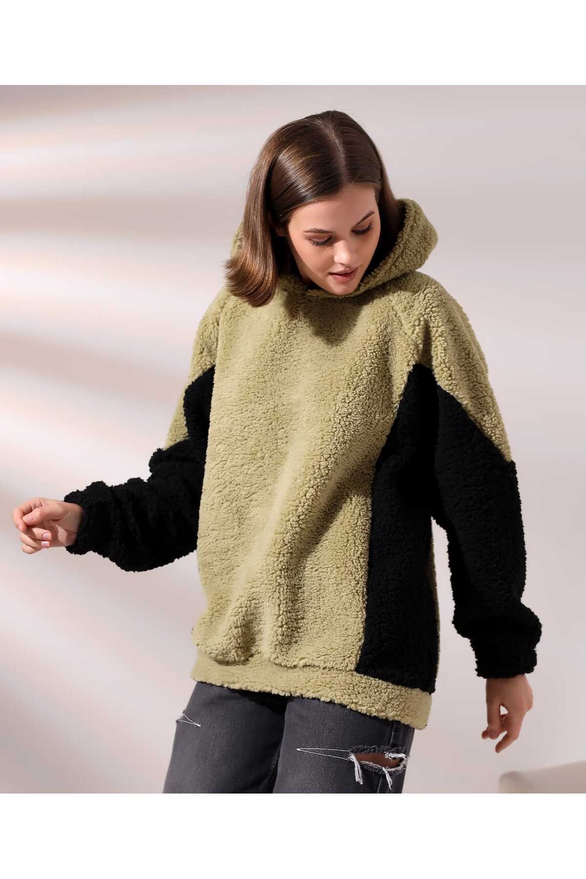 Kadın Polar Peluş Bej Siyah Bloklu Kapşonlu Sweatshirt - Haki-Gri - Görsel 4