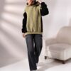 Kadın Polar Peluş Bej Siyah Bloklu Kapşonlu Sweatshirt - Haki-Gri - Görsel 5