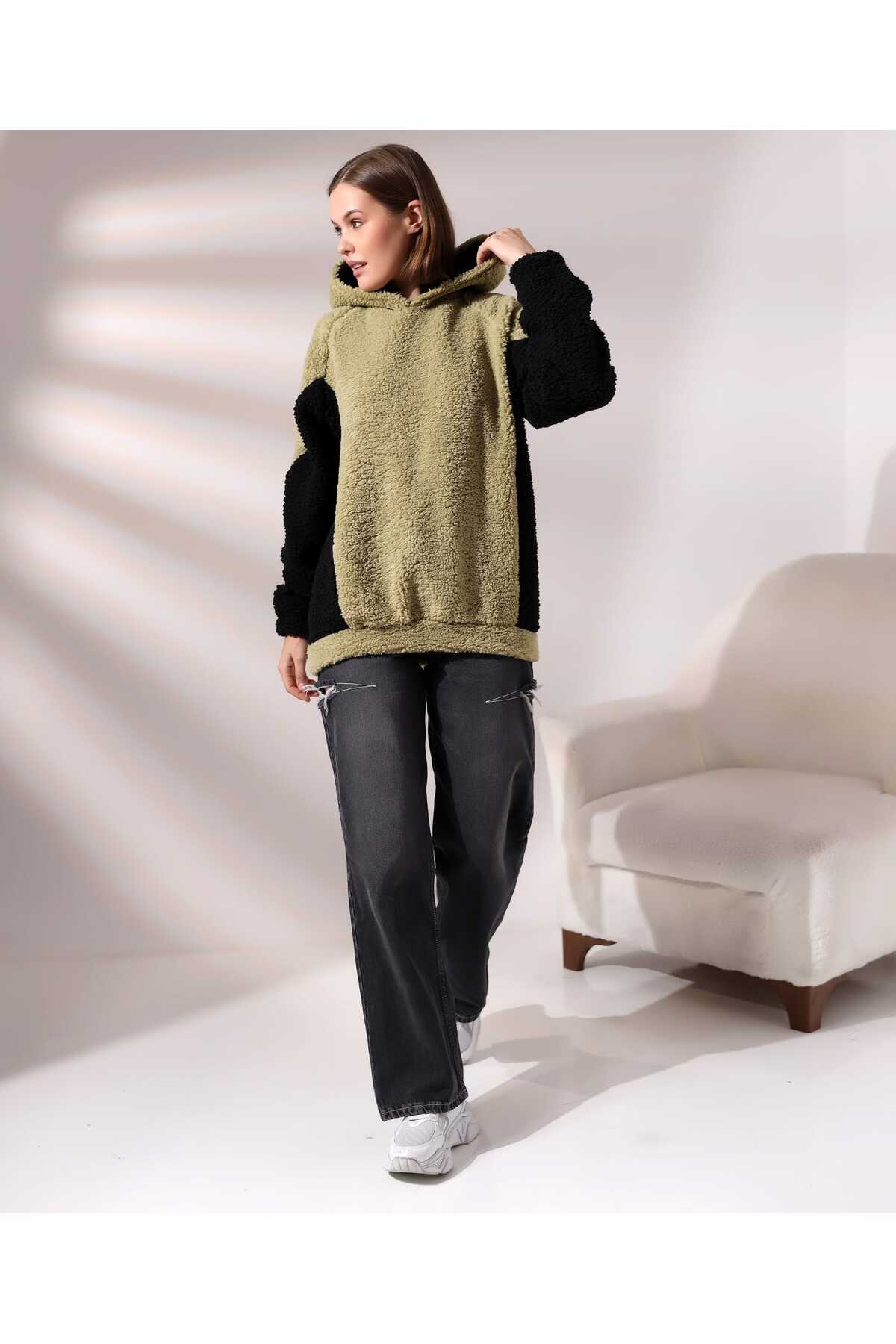 Kadın Polar Peluş Bej Siyah Bloklu Kapşonlu Sweatshirt - Haki-Gri - Görsel 5