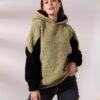Kadın Polar Peluş Bej Siyah Bloklu Kapşonlu Sweatshirt - Haki-Gri - Görsel 6