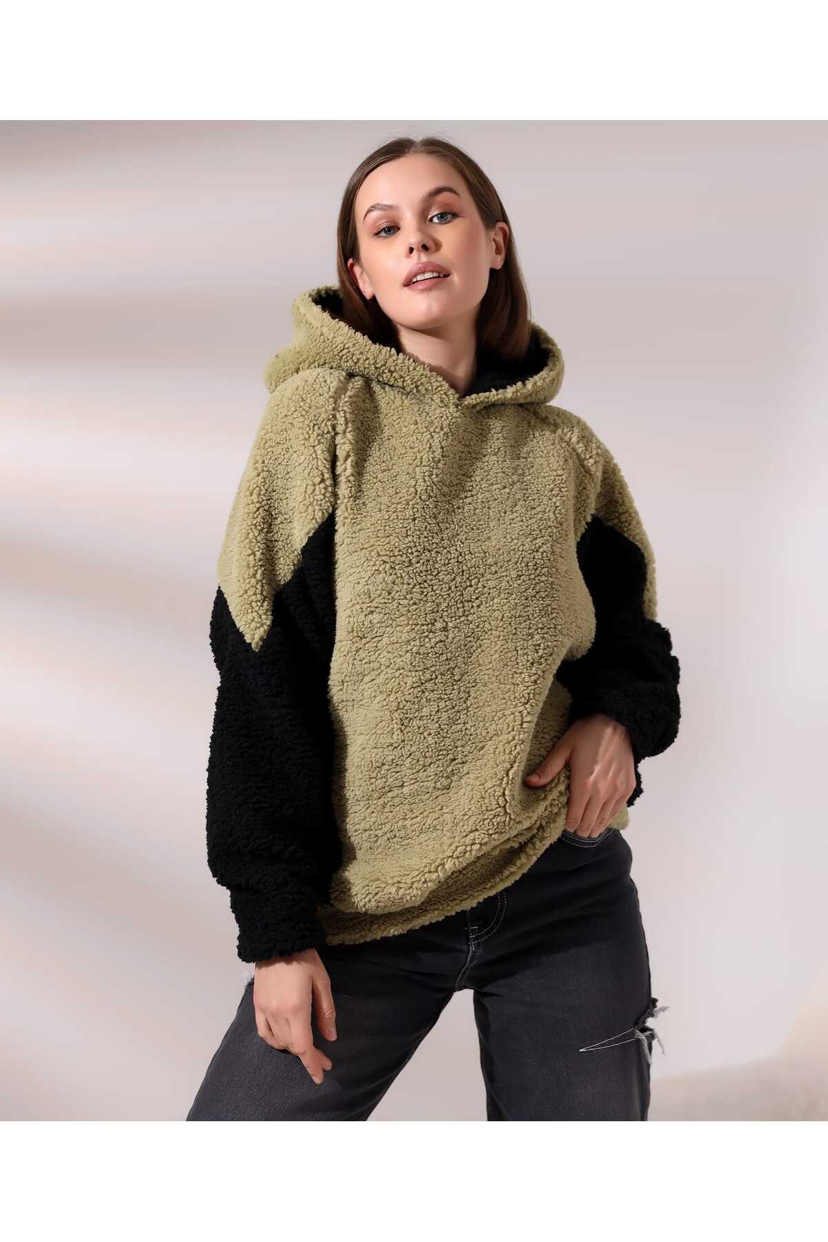 Kadın Polar Peluş Bej Siyah Bloklu Kapşonlu Sweatshirt - Haki-Gri - Görsel 6