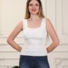 Kadın Beyaz Standart Beden Kare Yaka Kalın Askılı Uzun Triko Bluz Krop Atlet - Kar Beyazı - Görsel 3
